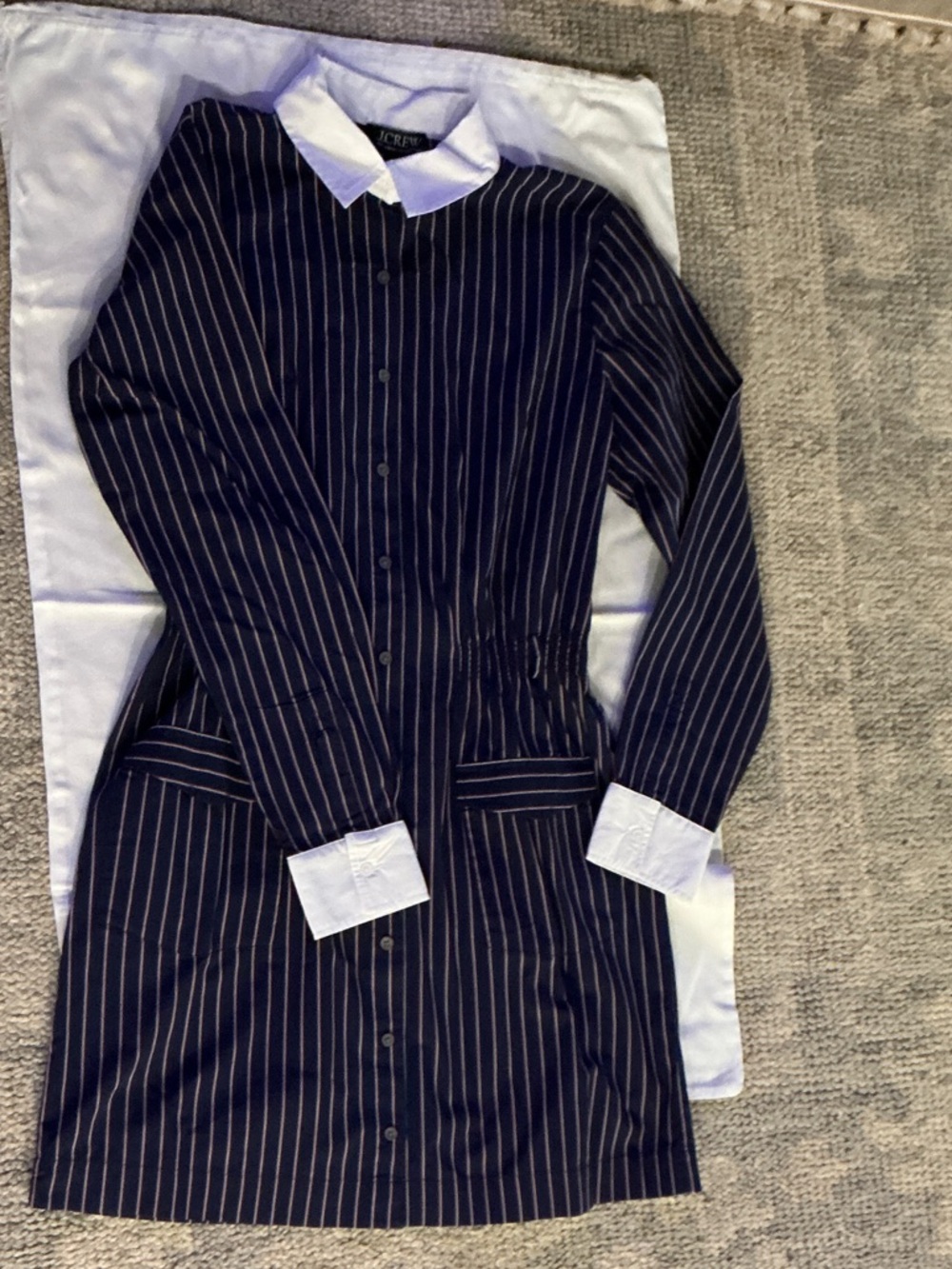 J. Crew Navy Pinstripe Shirt Dress with White Collar and Cuffs